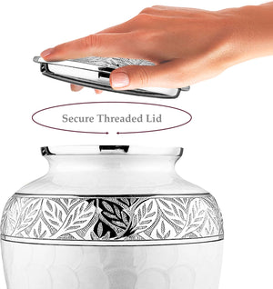 Trupoint Memorials Cremation Urn for Ashes for Women Female, Urns for Human Ashes Male, Engraved Mother of Pearl Funeral Urn for Adult Man, Silver Lining Large White