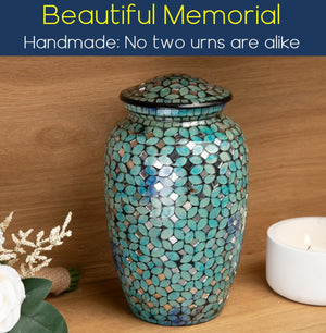 Mosaic Glass Cremation Urn - Hand Made Funeral Urn for Human Ashes - Large Adult Size Burial Urn - Hand Applied Individual Tiles Create a one of a Kind Work of Art - 200 cu in (Blue)