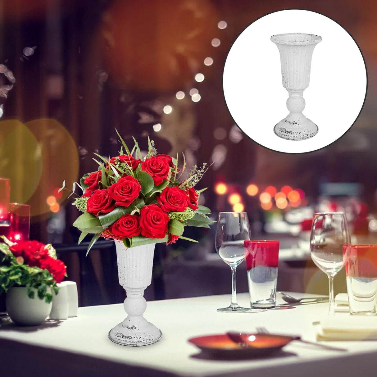 Kichvoe Vintage Metal Vase, Trumpet Vase Rustic Urn Planter Wedding Centerpiece Flower Arrangement Pot Plant Pot for Wedding Party Reception White,9.29 X 4.72 Inches