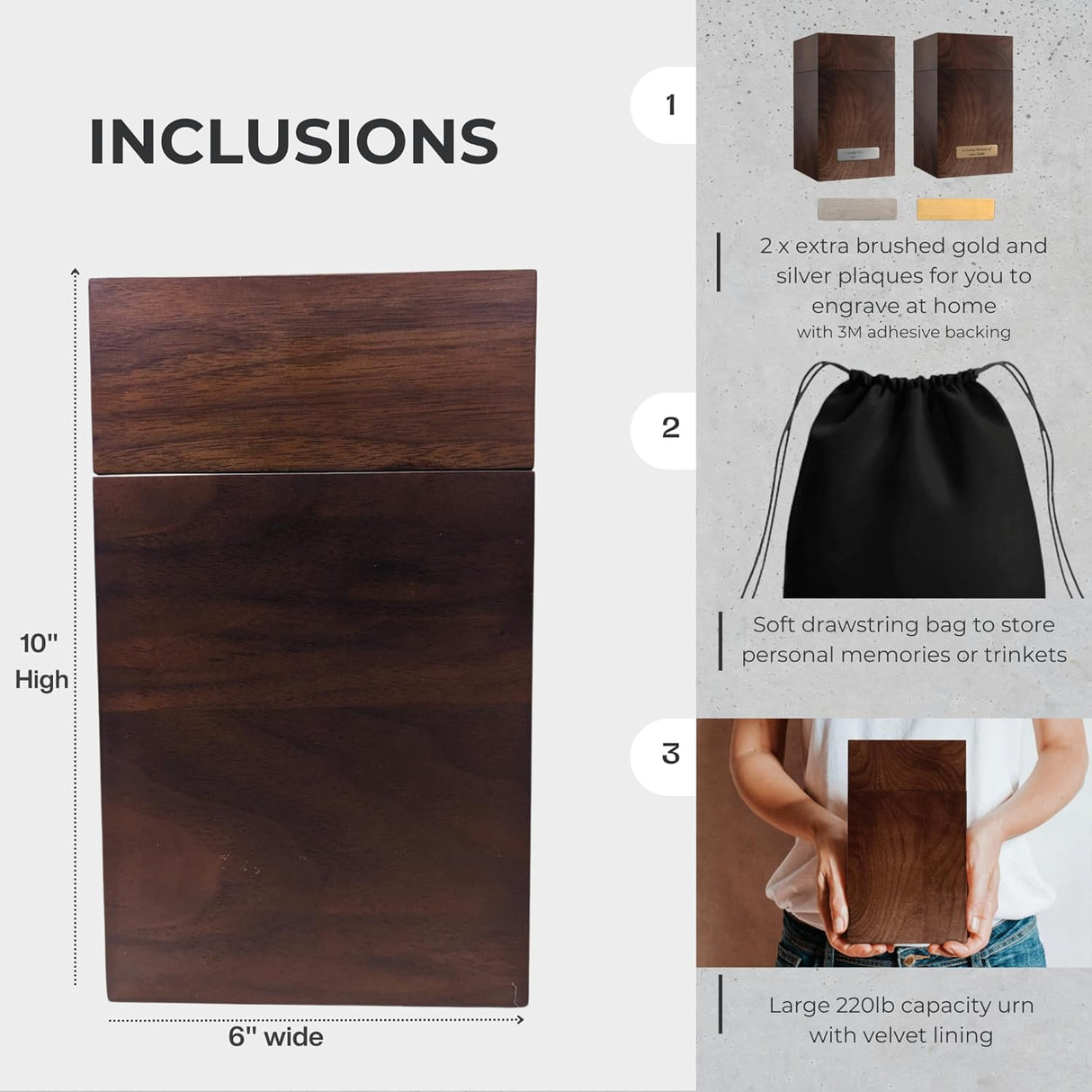 Wood Cremation Urn for Human Ashes | Large Urns Memorial Box for Adult Male | Handmade Funeral Keepsake Urn | Up to 220 lbs Cremains Capacity | Includes Bag and Engraving Plaques |