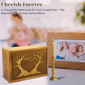 Wooden Box Funeral Cremation Urns for Human Ashes Adult Large - Burial Urns for Columbarium - Tree of Life Flying Bird (250 Cubic Inches, Twin Tree - Heart)
