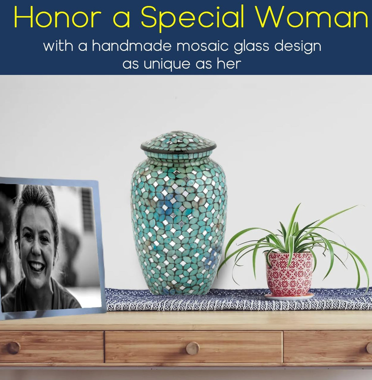 Mosaic Glass Cremation Urn - Hand Made Funeral Urn for Human Ashes - Large Adult Size Burial Urn - Hand Applied Individual Tiles Create a one of a Kind Work of Art - 200 cu in (Blue)