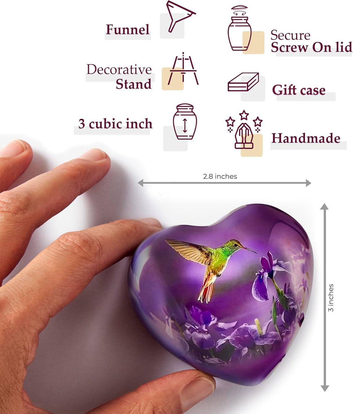 Trupoint Memorials Small Urns for Human Ashes Keepsake, Mini Heart Urn with Stand, Decorative Cremation Urns for Adult Men & Women – Medium Hummingbird Heart Stand