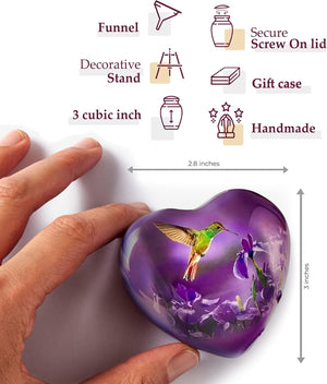Trupoint Memorials Small Urns for Human Ashes Keepsake, Mini Heart Urn with Stand, Decorative Cremation Urns for Adult Men & Women – Medium Hummingbird Heart Stand