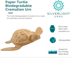 Paper Turtle Biodegradable Cremation Urn for Ashes, Earth Friendly Urn for Ground or Sea Burial, Eco Urn for Ashes, Adult Size Cremation Urn, 15.75" L x 17.75" W x 5.25" H