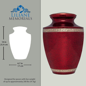 Red Funeral Urn by Liliane Memorials - Cremation Urn for Human Ashes - Hand Made in Brass - Suitable for Cemetery Burial or Niche - Large Size fits Remains of Adults up to 200 lbs - Torino Model