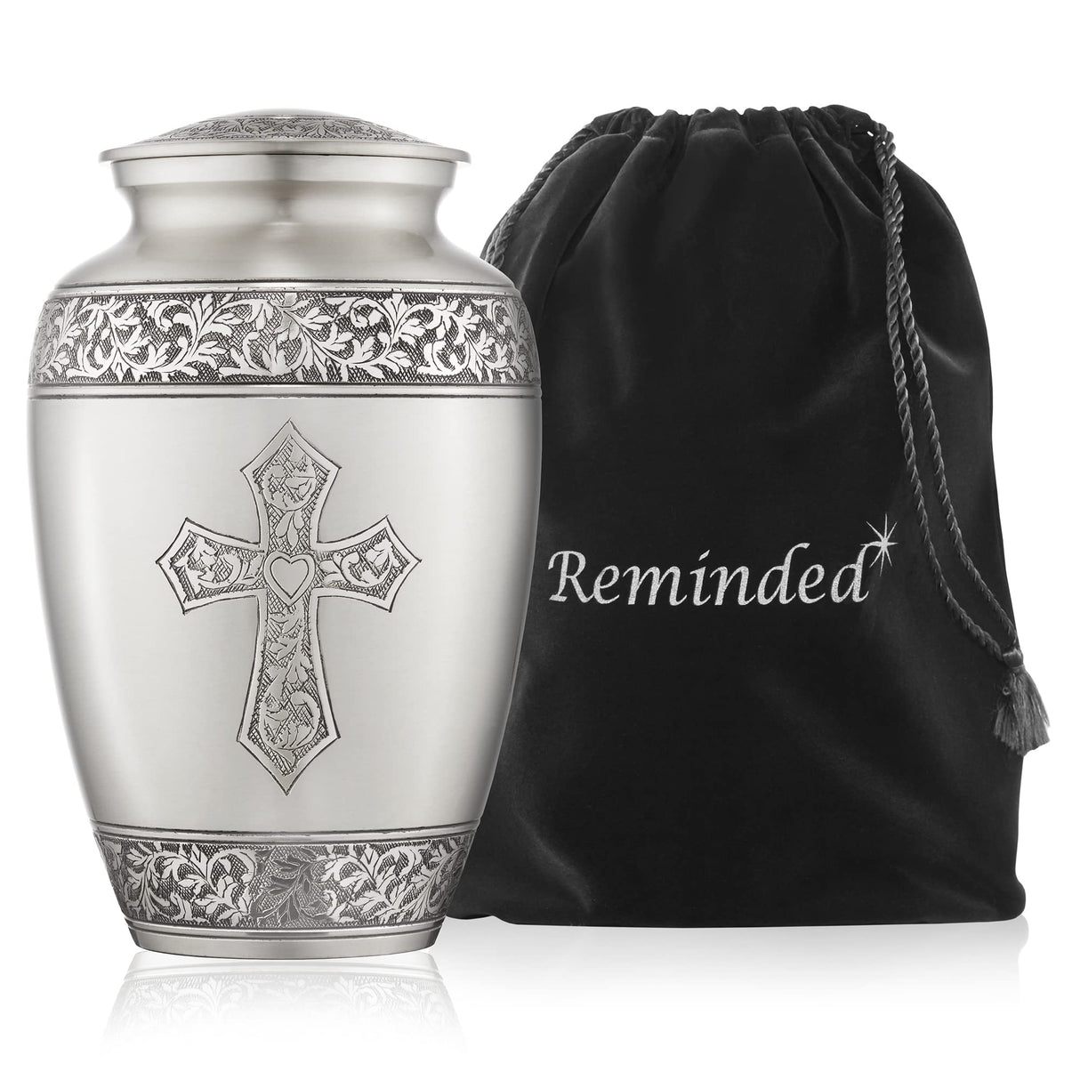 Reminded Adult Cremation Memorial Urn for Human Ashes, Gold Etched Cross Brass Funeral Urn with Velvet Bag