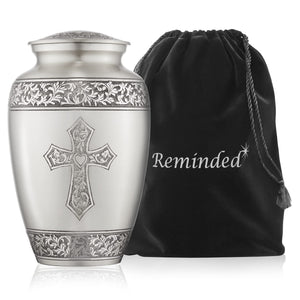 Reminded Adult Cremation Memorial Urn for Human Ashes, Gold Etched Cross Brass Funeral Urn with Velvet Bag
