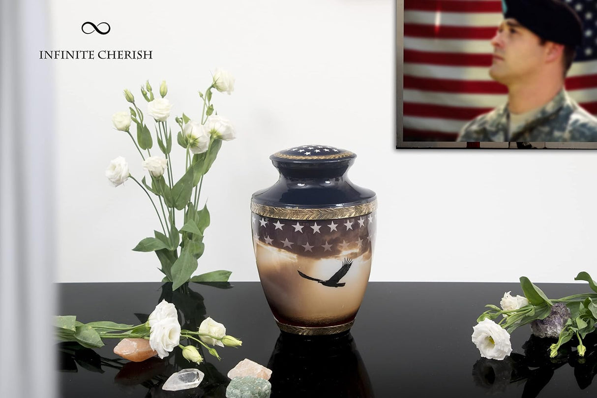 Patriotic Cremation Urn for Human Ashes Adult Male, Navy Blue Funeral American Veteran Cremation Vessel for Men, Designed and Handcrafted in Brass with Care, Military Burial Decorative Ewer