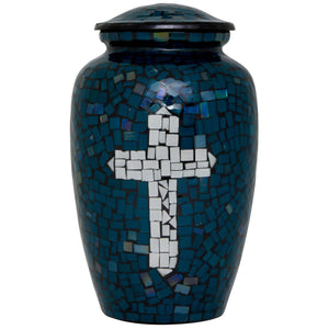 Mosaic Glass Cremation Urn - Hand Made Funeral Urn for Human Ashes - Large Adult Size Burial Urn - Hand Applied Individual Tiles Create a one of a Kind Work of Art - 200 cu in (Blue)