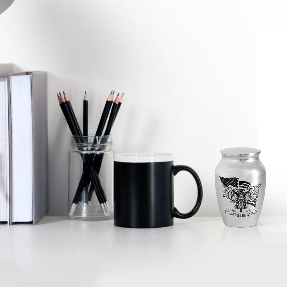 Artsy Woodsy Mini Stainless Steel Decorative Keepsake Urns for Ashes 2.56 Inch - Memorial Motorcycle Riding With The Angels, for Human Male/Dad/Men/Son Riders