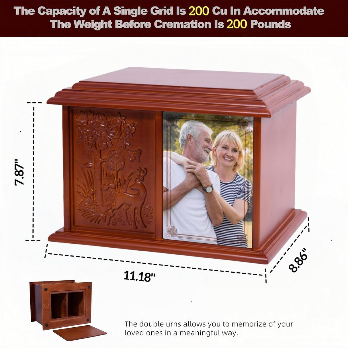 Double Urn for 2 Adults - Wooden Cremation Urn for Human Ashes Male Female Companion Urns for Ashes Women Men Carved 400 Lbs Large Deer Urns with 4 x 6 Picture Frame