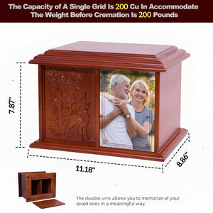 Double Urn for 2 Adults - Wooden Cremation Urn for Human Ashes Male Female Companion Urns for Ashes Women Men Carved 400 Lbs Large Deer Urns with 4 x 6 Picture Frame