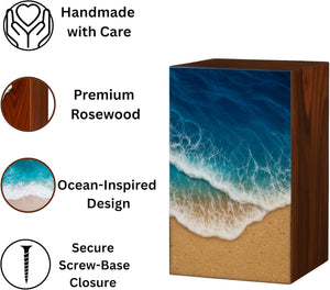 Handcrafted Wooden Ocean Wave Urn for Human Ashes – Epoxy Resin Memorial Urn for Adult Men & Women – Funeral Urn Box – Wooden Cremation Urns (Ocean Serenity Urn, (Large - 11.25" Hx6.25 W (250 Cu/in))