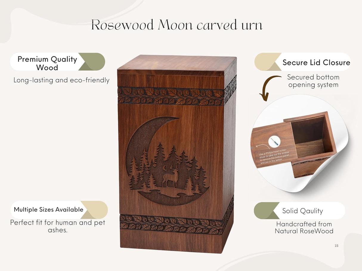 Handcrafted Rosewood Urn for Human Ashes - Beautifull Moon and Deer Tree Wooden Box Cremation Pets Handmade Burial Loving Memories (Rosewood, L(11.25X6.25”)250CU) (Moon-09)