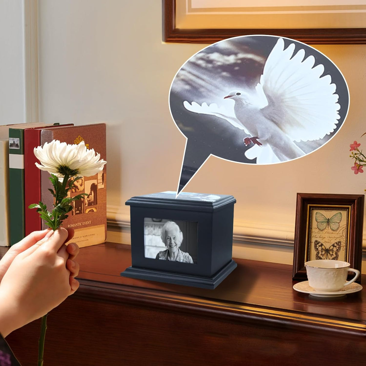 Handcrafted Solid Wooden Box Urns for Adult Human Ashes Male or Female Cremation- Funeral Memorial Urn for Man or Woman with Photo Frame- Keepsake Casket Up to 200 Lbs (Black, L, Dove)