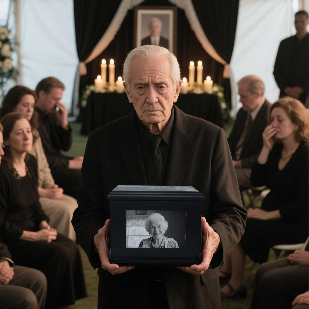 Handcrafted Solid Wooden Box Urns for Adult Human Ashes Male or Female Cremation- Funeral Memorial Urn for Man or Woman with Photo Frame- Keepsake Casket Up to 200 Lbs (Black, L, Dove)