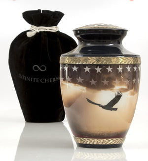 Patriotic Cremation Urn for Human Ashes Adult Male, Navy Blue Funeral American Veteran Cremation Vessel for Men, Designed and Handcrafted in Brass with Care, Military Burial Decorative Ewer