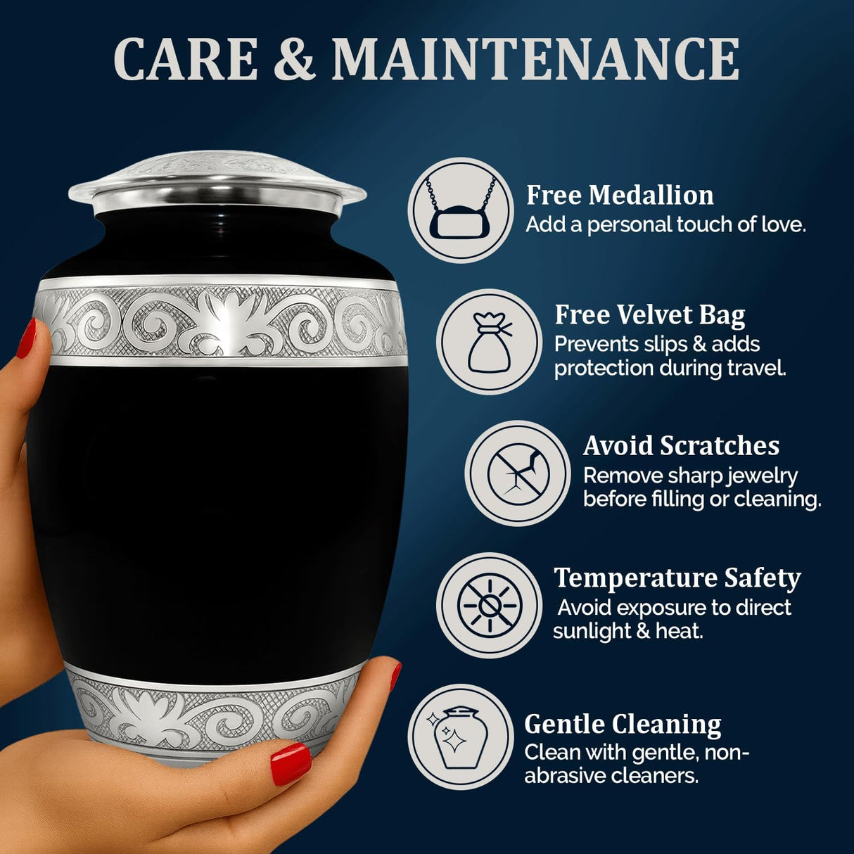 Cremation Urn for Ashes Adult Male - Large Funeral Urns for Human Ashes Adult Man with Velvet Bag - Holds Upto 200lbs - A Dignified Memorial to Honor Your Loved One (Midnight Black, Large)