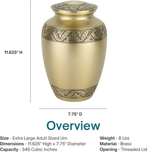 Classic Laurel Gold Cremation Urn for Ashes - Extra Large, Brass, Gold Companion Urn, Extra Large Adult Sized Cremation Urn, 11.625 Inches High