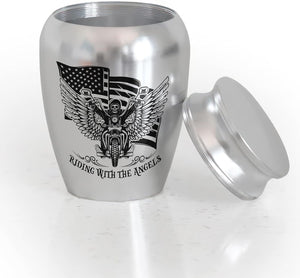 Artsy Woodsy Mini Stainless Steel Decorative Keepsake Urns for Ashes 2.56 Inch - Memorial Motorcycle Riding With The Angels, for Human Male/Dad/Men/Son Riders