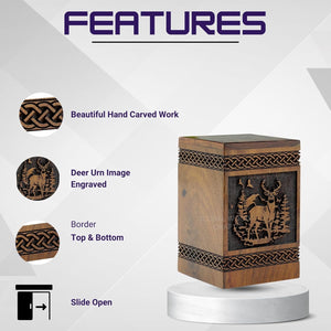 Deer Wooden Urn,Handmade Rosewood Rectangular Urn, Hand Carved Deer and Tree Design, Male Female Ashes,Decorative Urn Size Small 40 Cubic Inches Keepsake