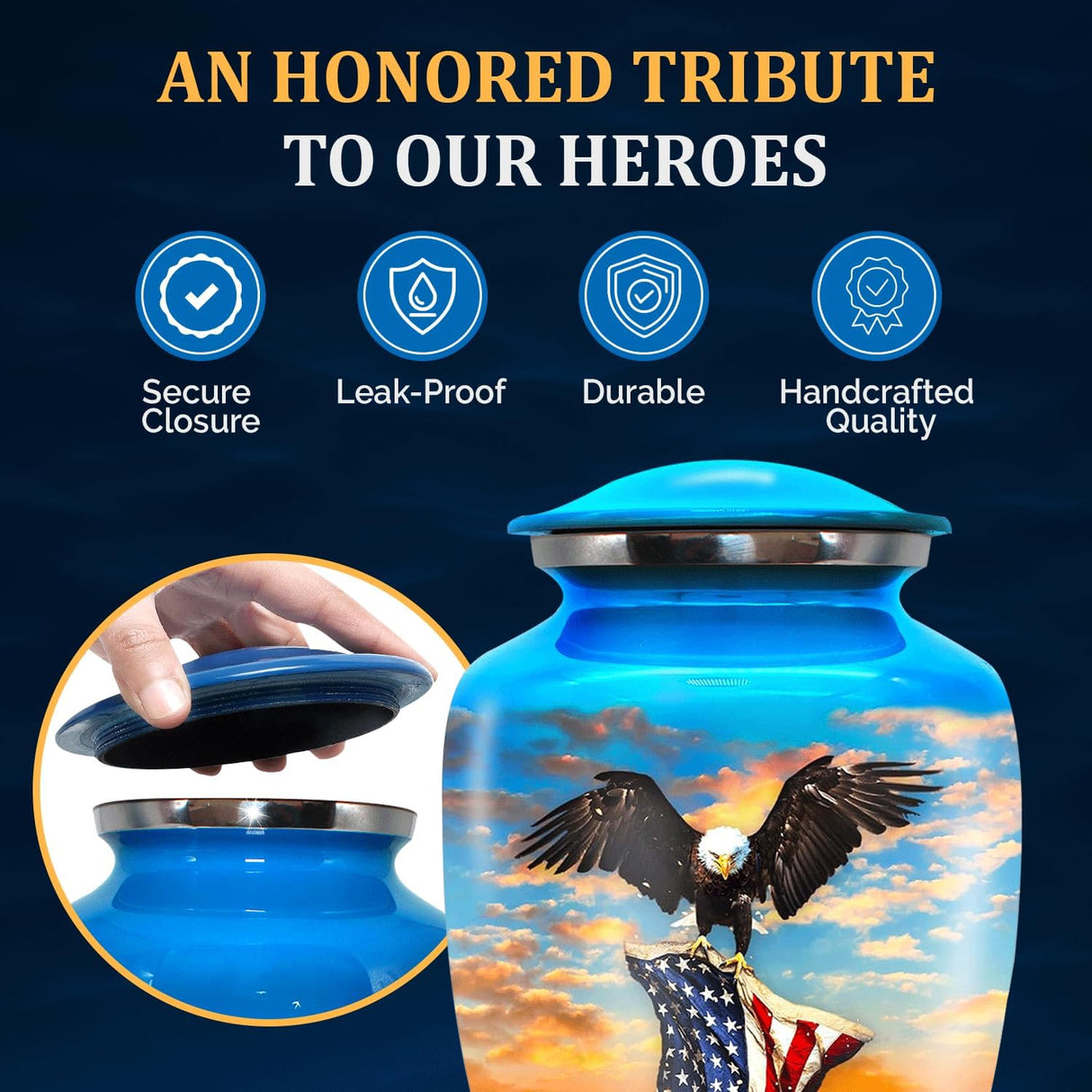 Urn for Ashes Adult Male - Patriotic Cremation Urns for Human Ashes Adult Man with Eagle & American Flag Designs - Elegant Memorial Urns for Veterans, Dad, or Husband (Denim Blue, Large)