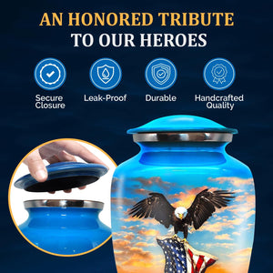 Urn for Ashes Adult Male - Patriotic Cremation Urns for Human Ashes Adult Man with Eagle & American Flag Designs - Elegant Memorial Urns for Veterans, Dad, or Husband (Denim Blue, Large)