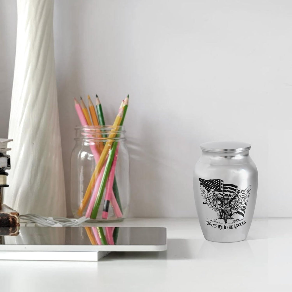 Artsy Woodsy Mini Stainless Steel Decorative Keepsake Urns for Ashes 2.56 Inch - Memorial Motorcycle Riding With The Angels, for Human Male/Dad/Men/Son Riders