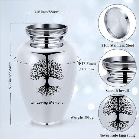 Imrsanl Cremation Urn for Human Ashes Burial Memorial Large Urns for Adult Male Female, Stainless Steel Engraved Butterfly Funeral Decorative Urns Keepsake for Women Men, 220 lbs (Silver-Tree of Life)