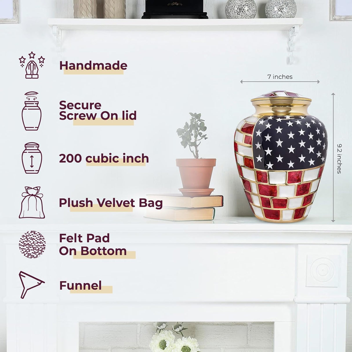Trupoint Memorials Cremation Urns for Human Ashes, Military and Patriotic Decorative Burial Urn for Veteran Adult Large & Small Urns for Human Ashes Keepsake, Small American Flag with Velvet Heart Box