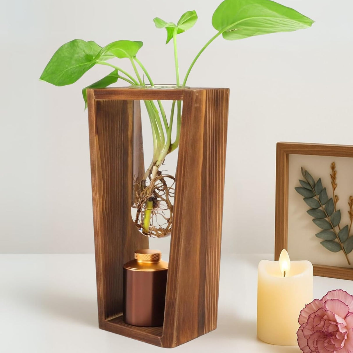 Plant Urn with Hydroponics Glass Vase, Small Urns for Human Ashes Keepsake, Memorial Keepsake Urn for Human Ashes, Mini Urns Small Urn for Ashes, Wooden Desk Decor