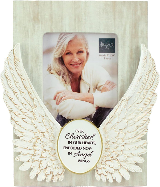 Angel Wings Memorial Photo Frame, Home Decor Gift For Death Of A Loved One, Holds 4-inch By 6-inch Photo, By Abbey & CA Gift,Antique White