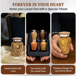 Metallic Wooden Print Small Urns for Human Ashes Keepsake - Mini Urn for Ashes Adult Male & Female - Keepsake Urns Set - Honor Your Loved One with Funeral Memorial Urn (Wooden, Set of 4)