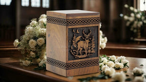 Deer Wooden Urn,Handmade Rosewood Rectangular Urn, Hand Carved Deer and Tree Design, Male Female Ashes,Decorative Urn Size Small 40 Cubic Inches Keepsake