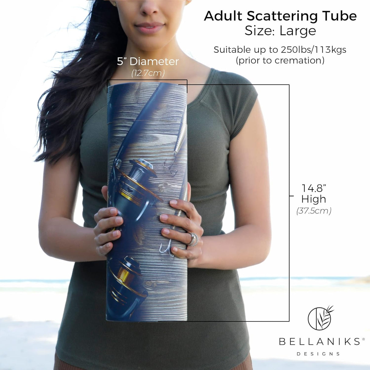 Scattering Tubes for Human Ashes - Cremation Urns for Burial, Travel, Transport & Spreading Cremains - Cabin-Safe Grey Memorial Container Keepsake - Grey Fishing Design Large 14.8" x 5"