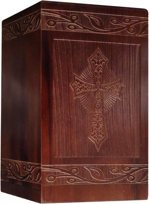 Wooden Cremation Urn for Human Ashes,Wooden Carved Cross Cremation Urns,Holds 250 Cubic Inches,Cat and Dog Pet Urns,Decorative Funeral Urn Box and Casket