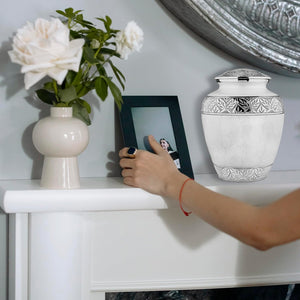 Trupoint Memorials Cremation Urn for Ashes for Women Female, Urns for Human Ashes Male, Engraved Mother of Pearl Funeral Urn for Adult Man, Silver Lining Large White
