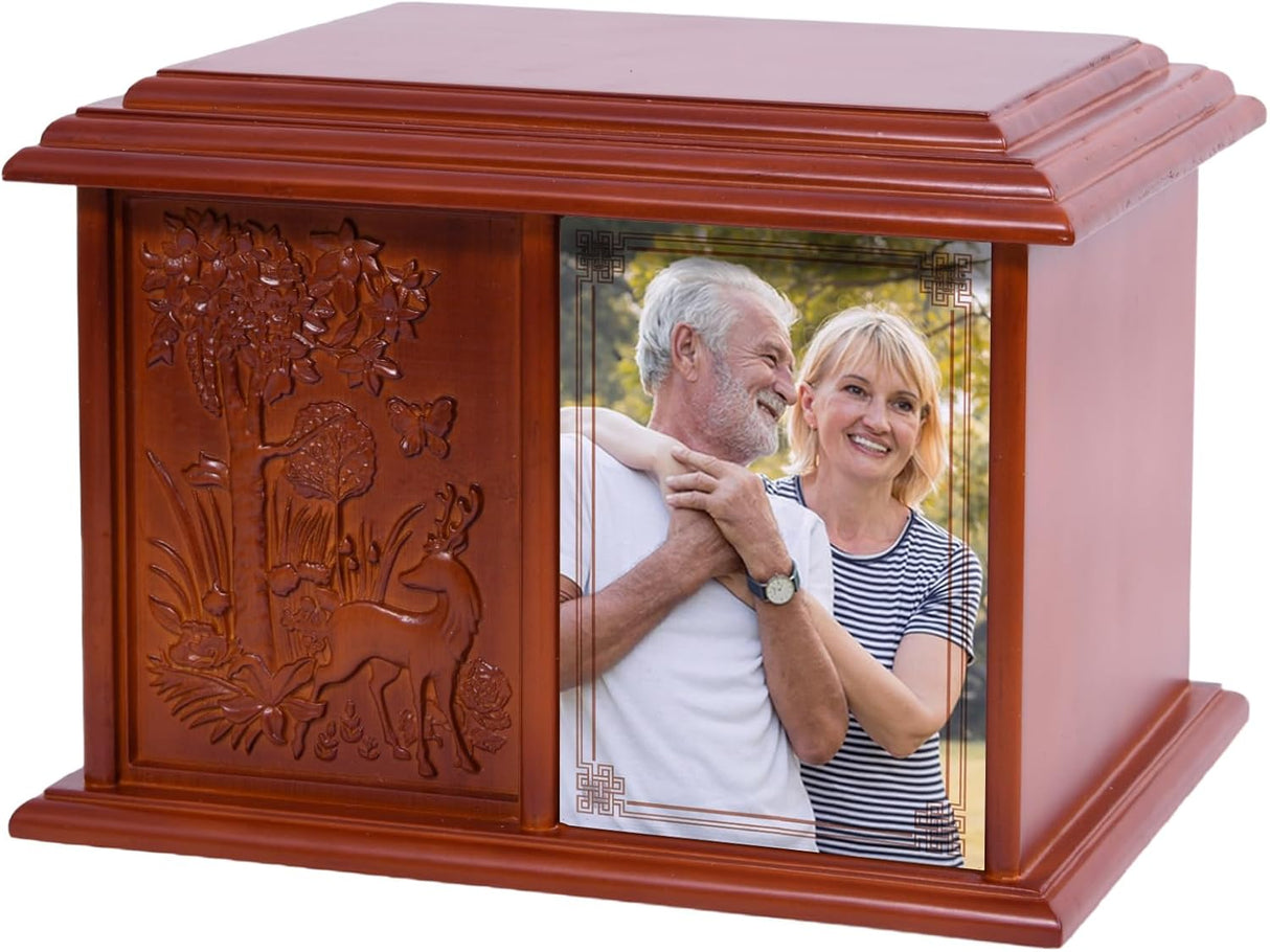 Double Urn for 2 Adults - Wooden Cremation Urn for Human Ashes Male Female Companion Urns for Ashes Women Men Carved 400 Lbs Large Deer Urns with 4 x 6 Picture Frame