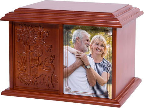 Double Urn for 2 Adults - Wooden Cremation Urn for Human Ashes Male Female Companion Urns for Ashes Women Men Carved 400 Lbs Large Deer Urns with 4 x 6 Picture Frame