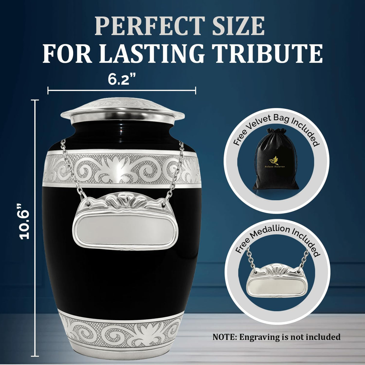 Cremation Urn for Ashes Adult Male - Large Funeral Urns for Human Ashes Adult Man with Velvet Bag - Holds Upto 200lbs - A Dignified Memorial to Honor Your Loved One (Midnight Black, Large)