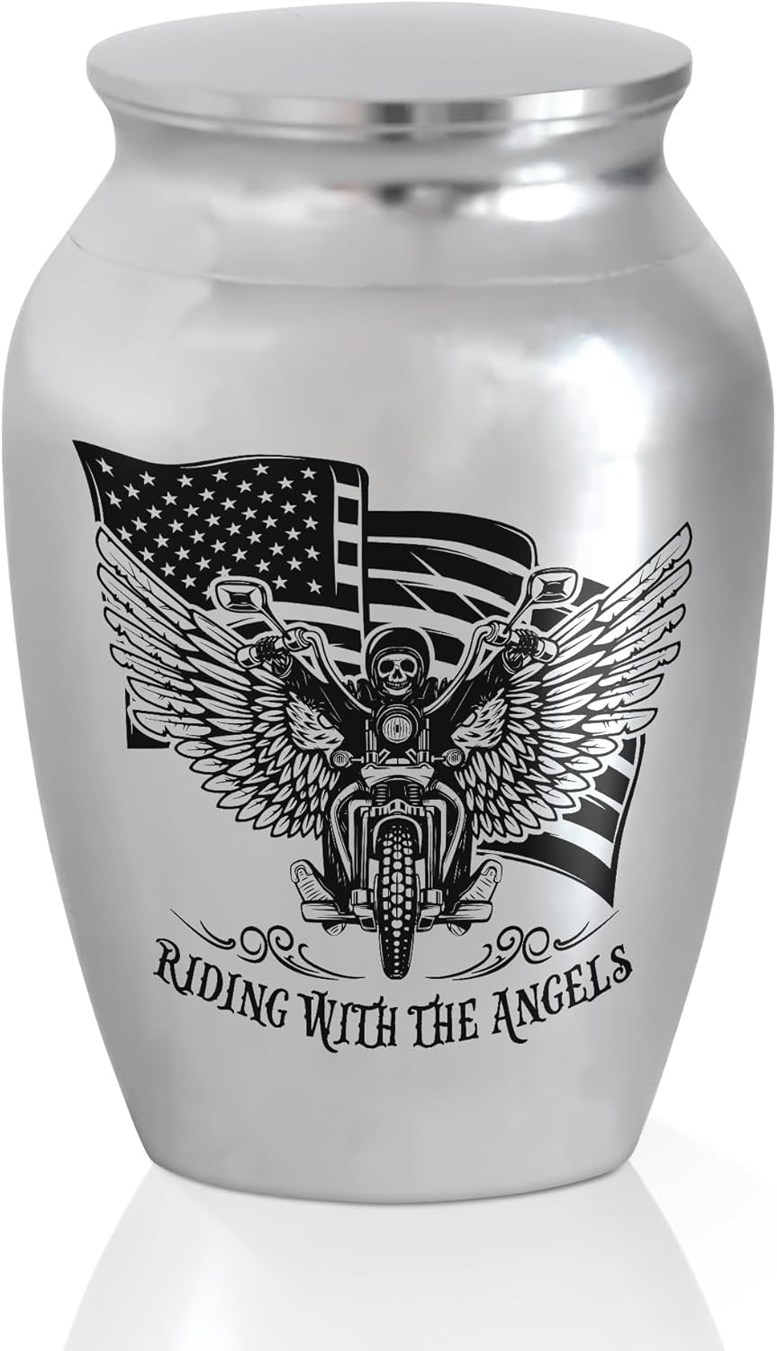 Artsy Woodsy Mini Stainless Steel Decorative Keepsake Urns for Ashes 2.56 Inch - Memorial Motorcycle Riding With The Angels, for Human Male/Dad/Men/Son Riders