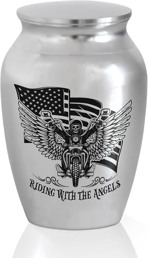 Artsy Woodsy Mini Stainless Steel Decorative Keepsake Urns for Ashes 2.56 Inch - Memorial Motorcycle Riding With The Angels, for Human Male/Dad/Men/Son Riders
