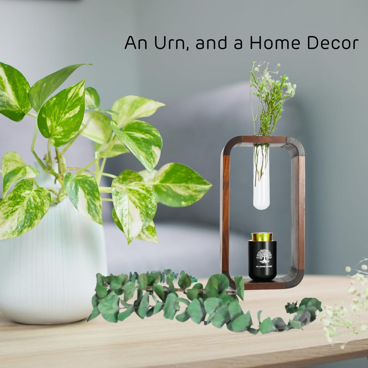 Plant Urn with Hydroponics Glass Vase, Small Urns for Human Ashes Keepsake, Memorial Keepsake Urn for Human Ashes, Small Mini Urns, Wooden Decor