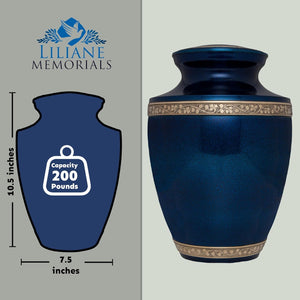 Blue Funeral Cremation Urn for Human Ashes - Hand Made in Brass - Suitable for Cemetery Burial or Niche - Large Size fits Remains of Adults up to 200 lbs - Torino Model