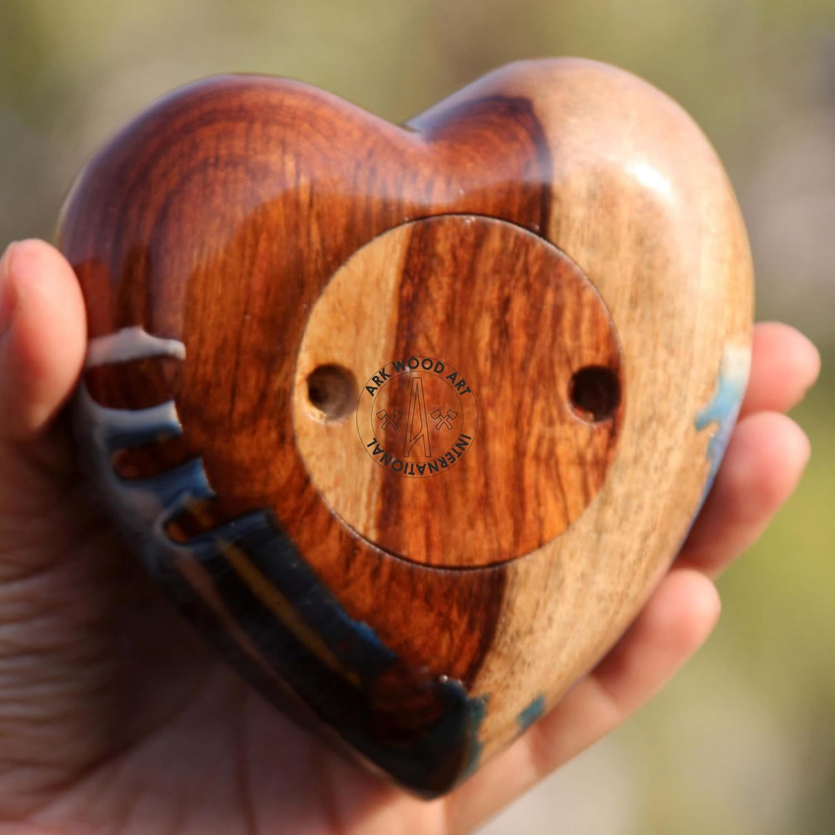 Ocean-Inspired Epoxy Resin Wooden Heart Urn Keepsake Urn for Human & Pet Ashes, Brown, Heart Pattern, 4x4x2 Inches, 6 Cubic Inches, Handcrafted Rosewood & Resin