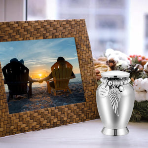 Small Keepsake Urns for Memorial Human Ashes 2.85 Inch with Wing Charm Mini Cremation Urns Stainless Steel
