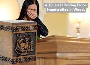 Deer Wooden Urn,Handmade Rosewood Rectangular Urn, Hand Carved Deer and Tree Design, Male Female Ashes,Decorative Urn Size Small 40 Cubic Inches Keepsake