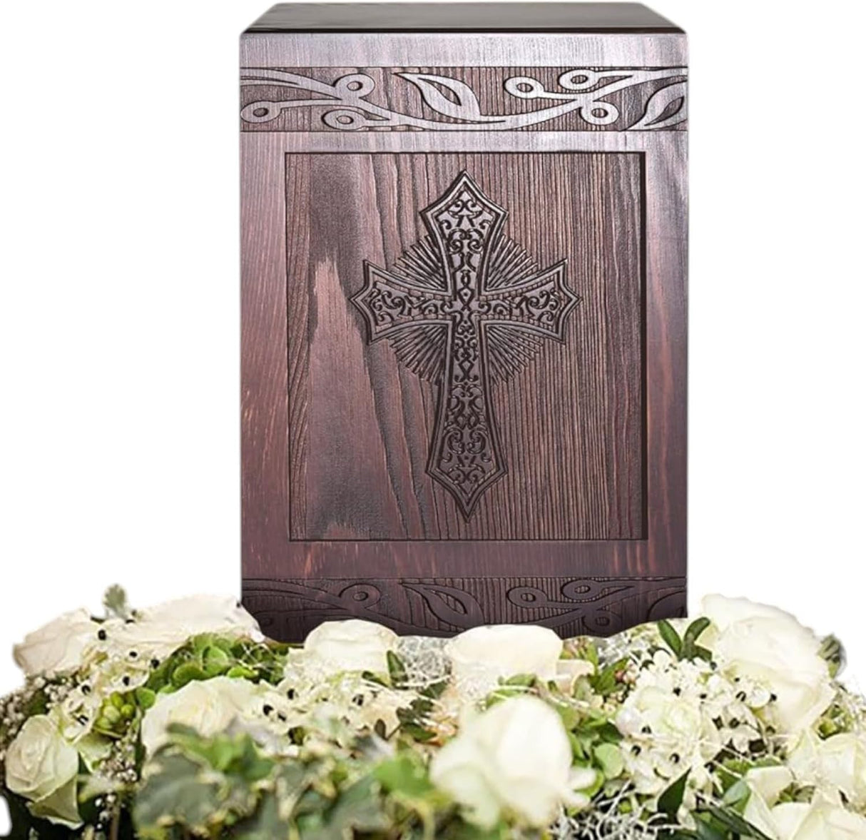 Wooden Carved Cross Cremation Urn for Human Ashes – Memorial Box for Adults, Children, and Pets (Holds 222 Cubic Inches)