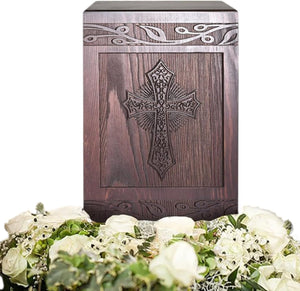 Wooden Carved Cross Cremation Urn for Human Ashes – Memorial Box for Adults, Children, and Pets (Holds 222 Cubic Inches)
